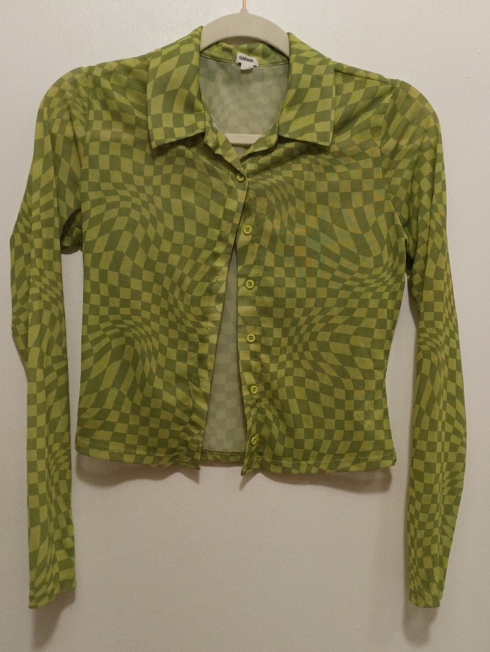Garage Green Lime Colored Checker Pattern Long Sleeve Button Shirt. PS